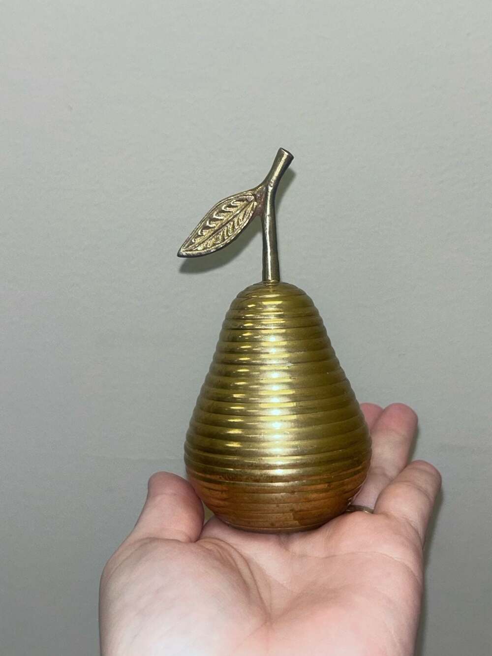 Vintage Mid-Century Modern Ribbed Brass Pear Figurine Bell with Leaf